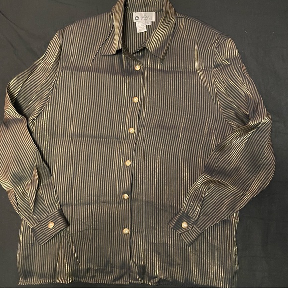 Vintage Chagall Gold Metallic Shimmer Black Vertical Striped Long Sleeve Blouse - Picture 2 of 9